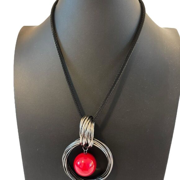Modern & Abstract Gun Metal Pendant Necklace w/ Bold Red Center Bead. - Picture 2 of 5